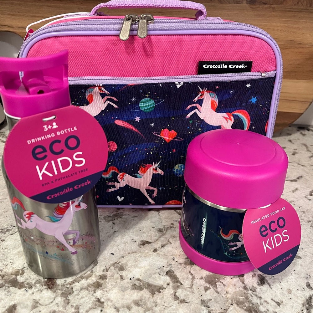 Crocodile Creek Pink Unicorn Eco Kids Lunch Box Set - Bottle & Food Jar